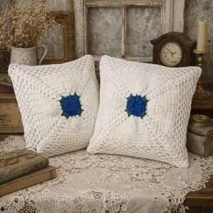 Vintage Handmade Crochet Pillow Covers Blue Flower Granny Square Cottage